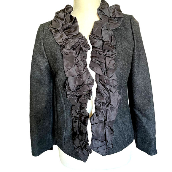 NWT $248 J CREW BLACK WOOL & SILK RUFFLE BLAZER SZ 0 - Picture 1 of 9